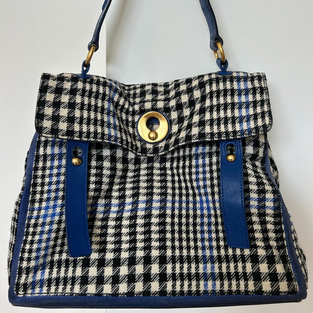 Authentic YSL Muse Two Houndstooth Leather Top Handle Bag
